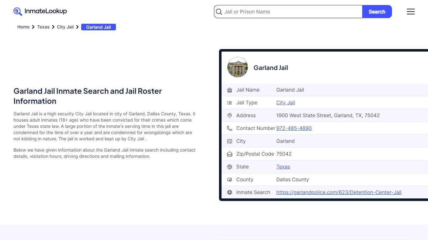 Garland Jail Inmate Search and Jail Roster Information